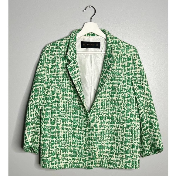 ZARA Basic Jacquard Tweed Single Button Blazer Jacket in Green/White Women's XS - Picture 2 of 8